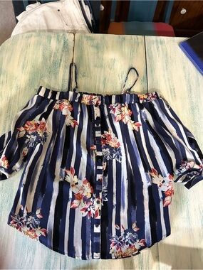 BCX Navy Blue and White Striped Off-Shoulder Floral Blouse